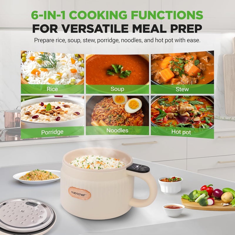 NutriChef 1.6 QT طباخ أرز كهربائي محمول وصانع غداء | متعدد الوظائف وطلاء سيراميك غير لاصق | لوحة تحكم رقمية | 6 وظائف طهي: أرز، حساء، يخنة، عصيدة والمزيد | أبيض - Image 2